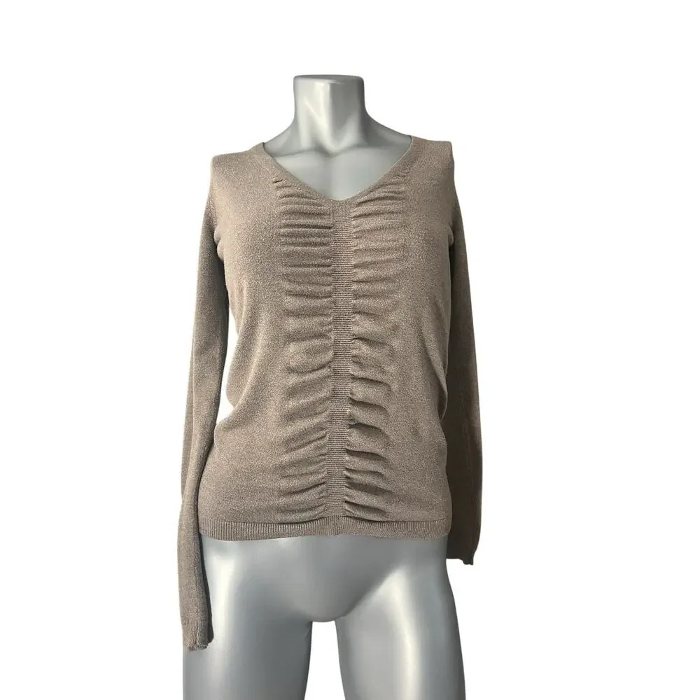 Express Women’s V-neck Long Sleeve Beige Sweater Ruched Small Brown Classic